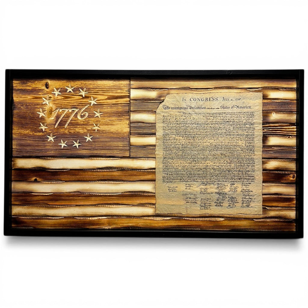 Breacher Rustics carved wood flag featuring the Declaration of Independence and "1776" in the union. Battle-worn, burned wood. battle worn 1776 declaration of independence carved wood flag handmade american flag wall art patriotic rustic decor usa made constitution