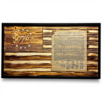 Breacher Rustics carved wood flag featuring the Declaration of Independence and "1776" in the union. Battle-worn, burned wood. battle worn 1776 declaration of independence carved wood flag handmade american flag wall art patriotic rustic decor usa made constitution