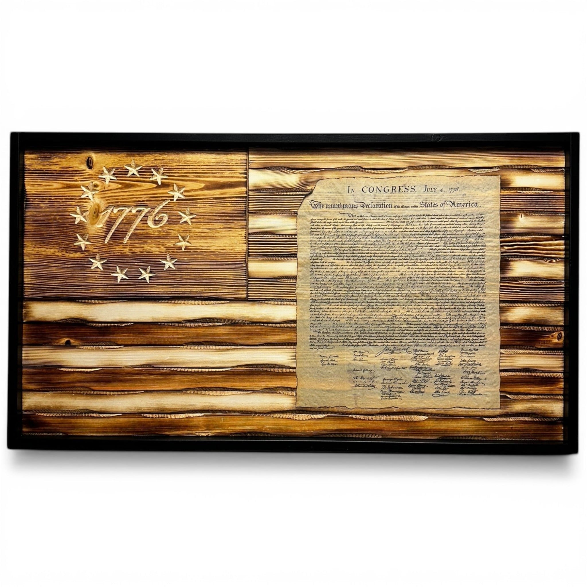 Breacher Rustics carved wood flag featuring the Declaration of Independence and "1776" in the union. Battle-worn, burned wood. battle worn 1776 declaration of independence carved wood flag handmade american flag wall art patriotic rustic decor usa made constitution
