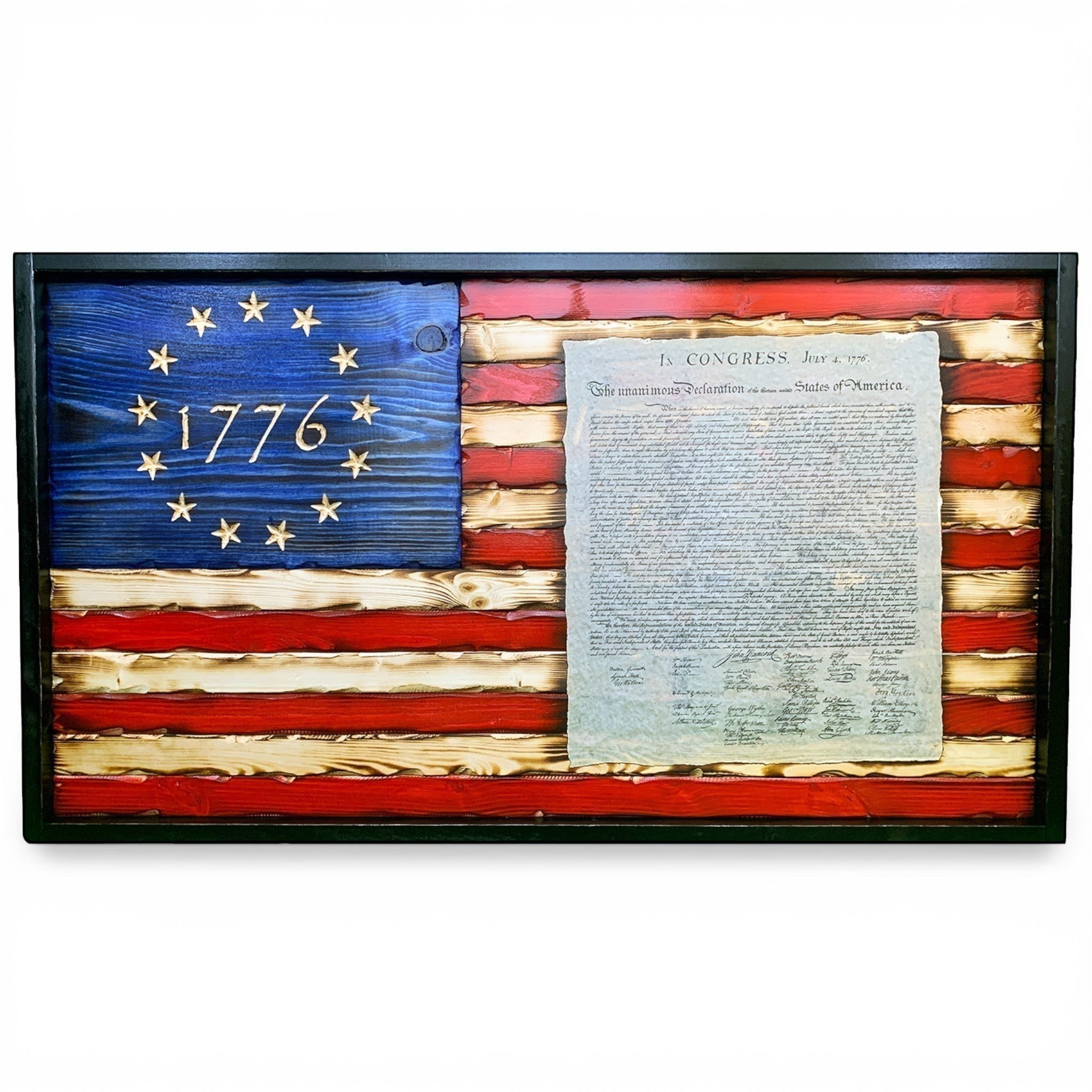 Breacher Rustics black framed carved wood American flag with 1776 union and Declaration of Independence text. Battle worn finish. battle worn 1776 declaration of independence carved wood flag handmade american flag wall art patriotic rustic decor usa made constitution america