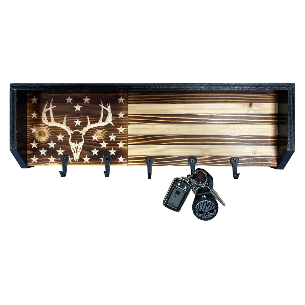 Breacher Rustics wooden key rack with American flag design featuring a deer skull.