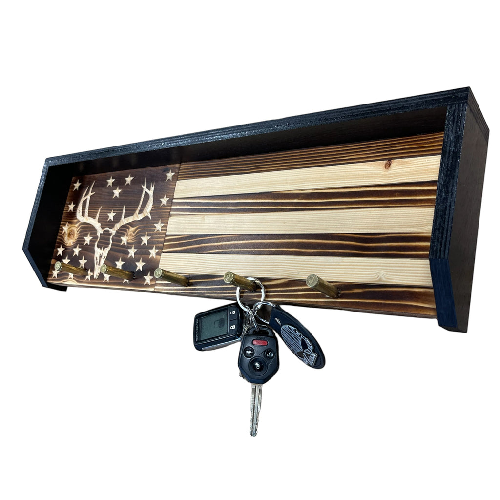 Breacher Rustics wooden American flag key rack with deer skull and 4 hooks. Rustic decor.