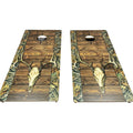 Breacher Rustics Hunting Deer Skull Cornhole Set with wood grain and camouflage accents. Features a realistic deer skull graphic. hunting deer skull cornhole set handmade wooden patriotic backyard bean bag toss game camo outdoor boards
