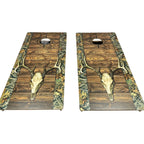 Breacher Rustics Hunting Deer Skull Cornhole Set with wood grain and camouflage accents. Features a realistic deer skull graphic. hunting deer skull cornhole set handmade wooden patriotic backyard bean bag toss game camo outdoor boards