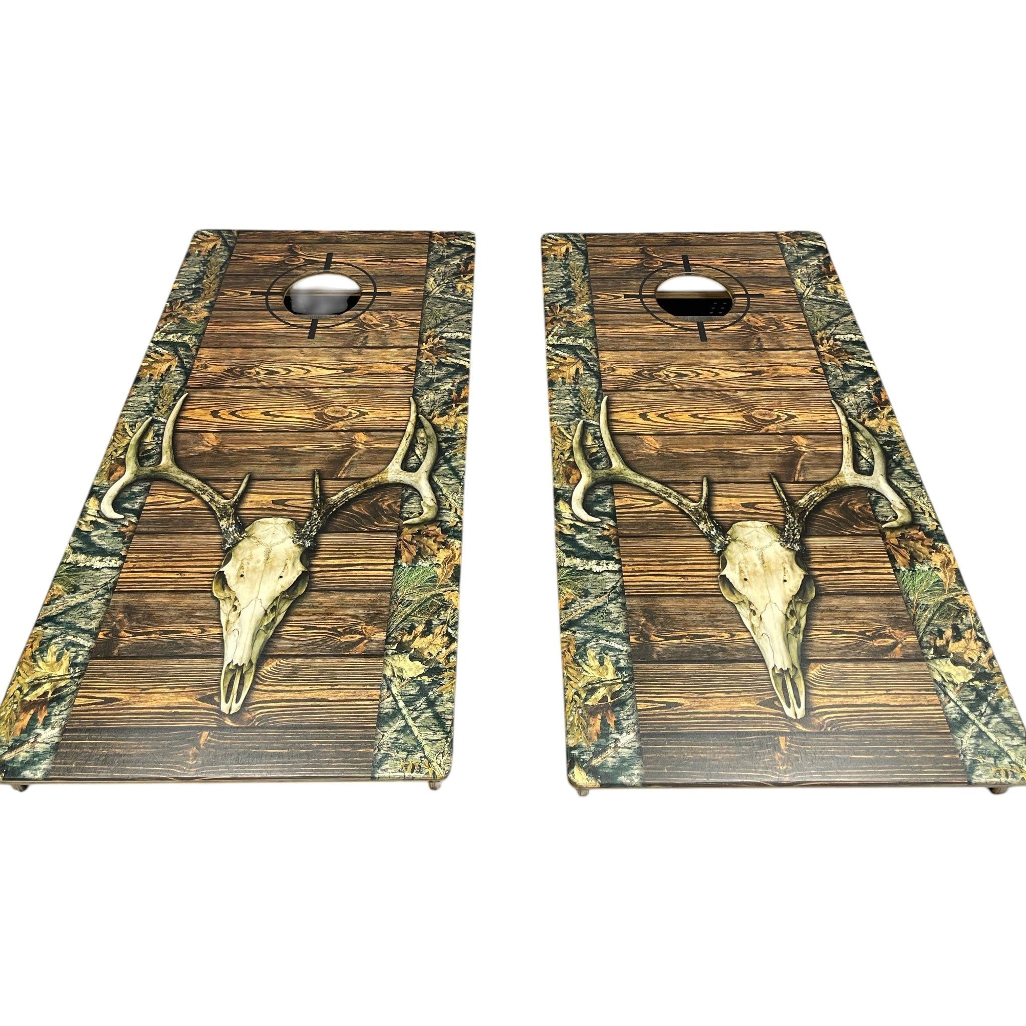 Breacher Rustics Hunting Deer Skull Cornhole Set with wood grain and camouflage accents. Features a realistic deer skull graphic. hunting deer skull cornhole set handmade wooden patriotic backyard bean bag toss game camo outdoor boards
