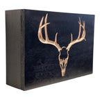 Breacher Rustics black wooden concealment box with carved deer skull and antlers, RFID lock, gloss finish. deer hunters concealment box wooden RFID locking hidden storage box hunting themed gun concealment display rustic usa made