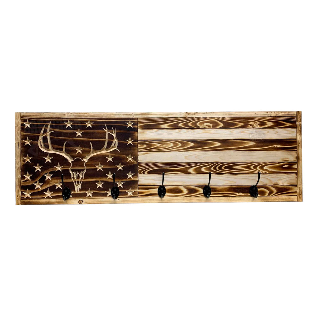Breacher Rustics USA flag coat rack with carved deer skull and 5 black hooks. Made from wood. deer skull hunting coat rack usa flag wooden wall mounted hook rack rustic cabin decor hunting lodge organizer made in usa