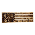 Breacher Rustics USA flag coat rack with carved deer skull and 5 black hooks. Made from wood. deer skull hunting coat rack usa flag wooden wall mounted hook rack rustic cabin decor hunting lodge organizer made in usa