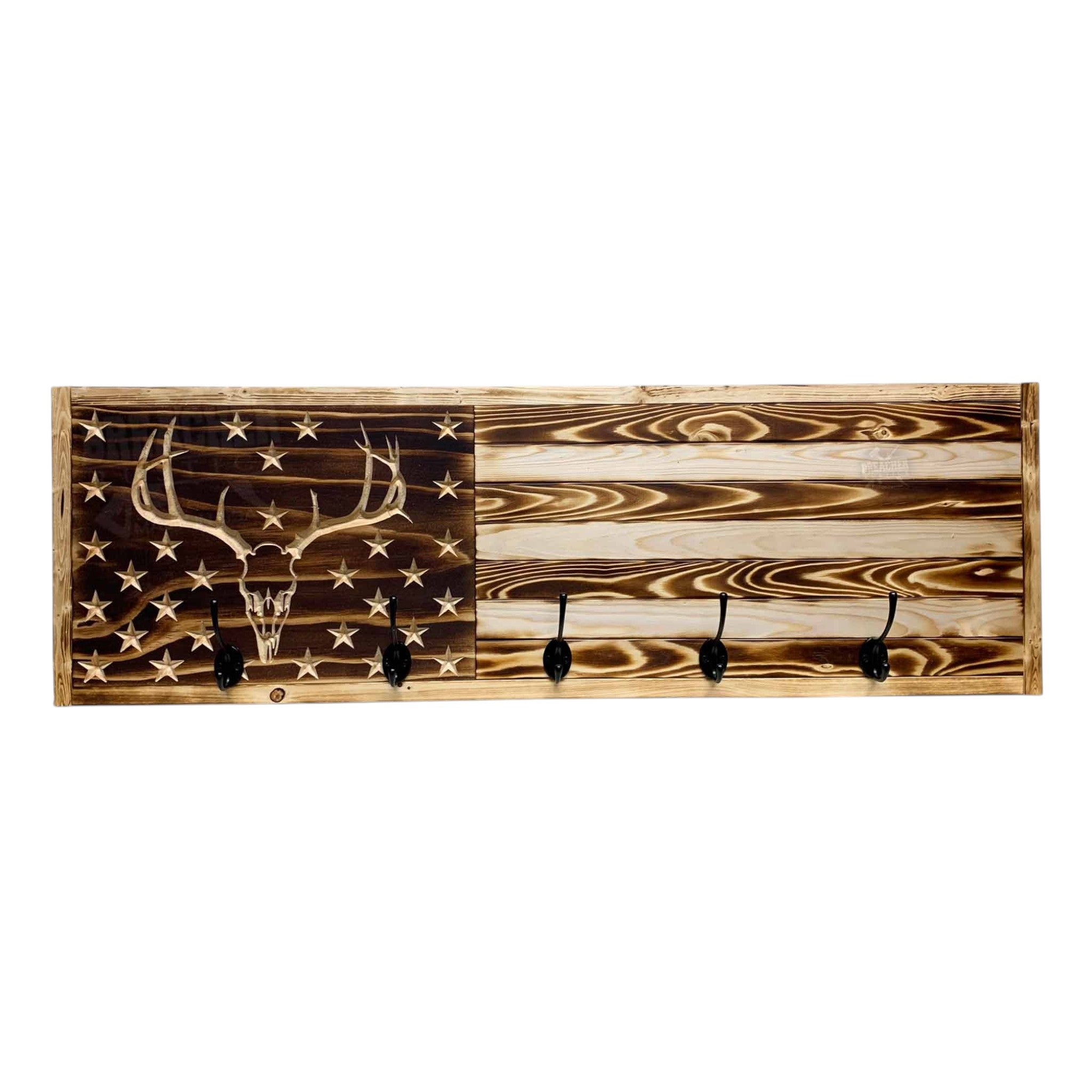 Breacher Rustics USA flag coat rack with carved deer skull and 5 black hooks. Made from wood. deer skull hunting coat rack usa flag wooden wall mounted hook rack rustic cabin decor hunting lodge organizer made in usa