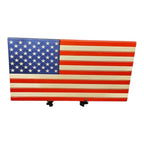 Breacher Rustics wooden American flag with carved stars and stripes, includes black stand. Made in USA.