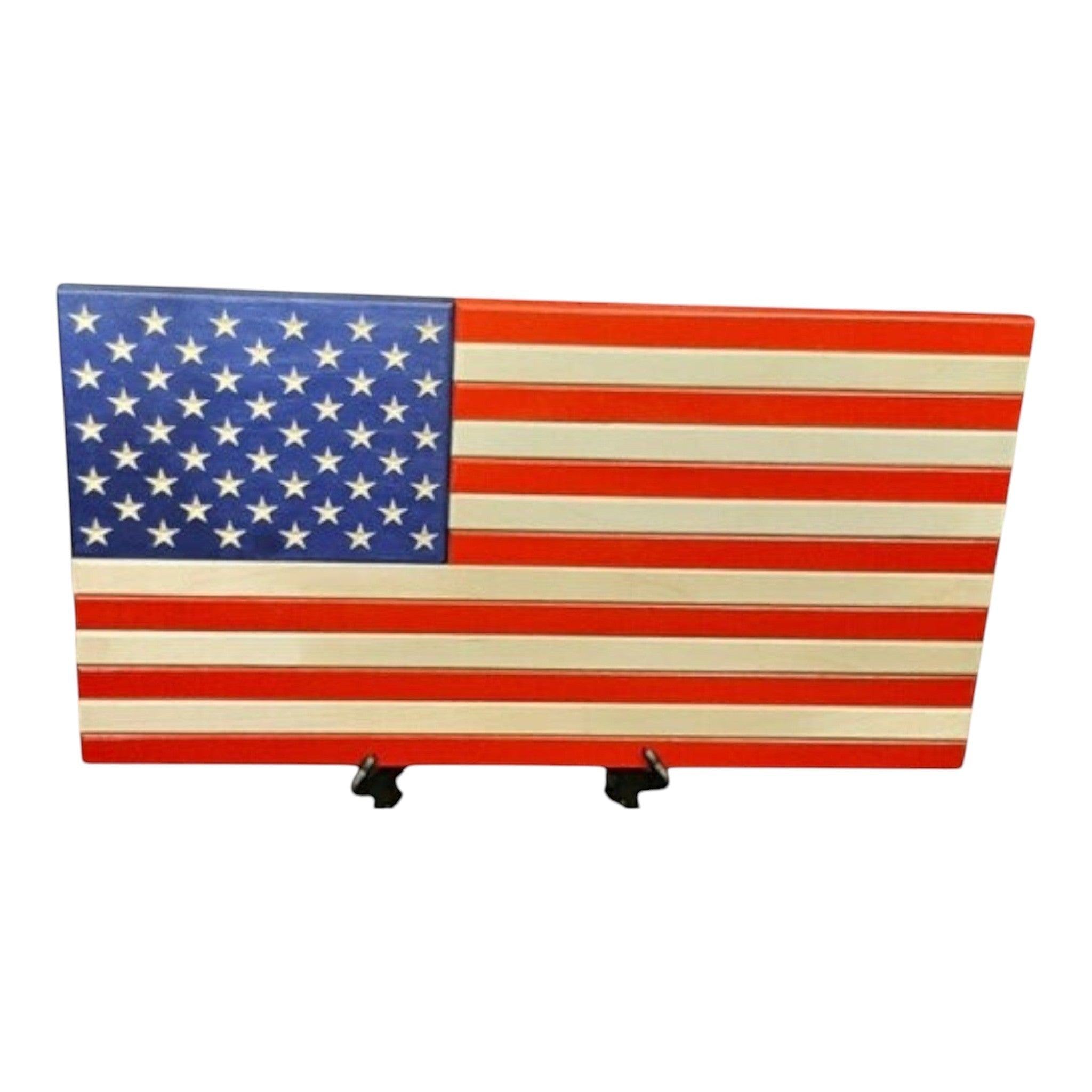 Breacher Rustics wooden American flag with carved stars and stripes, includes black stand. Made in USA.