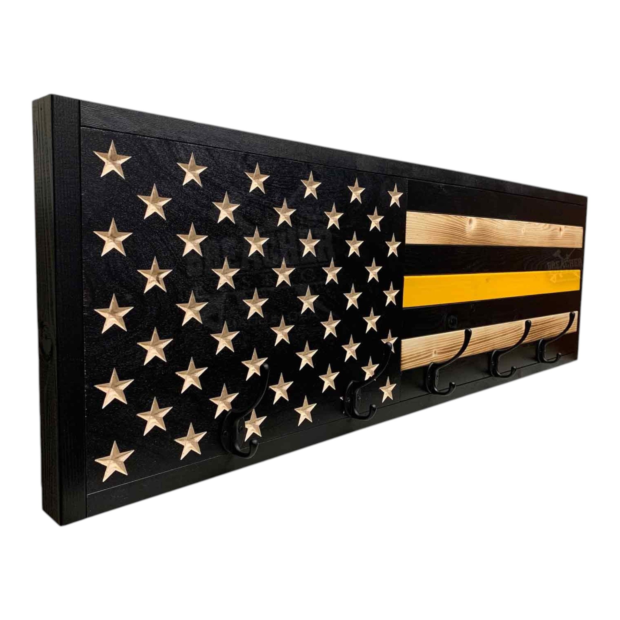 Breacher Rustics Thin Yellow Line flag coat rack with 5 hooks, black and yellow wood, carved stars. dispatcher thin yellow line coat rack wall hooks wooden emergency communications tribute first responder entryway storage rack