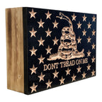 Breacher Rustics Don't Tread On Me concealment box with carved stars and snake logo. Features RFID lock and customizable foam. dont tread on me concealment box wooden RFID locking hidden storage box gadsden flag patriotic gun concealment usa made