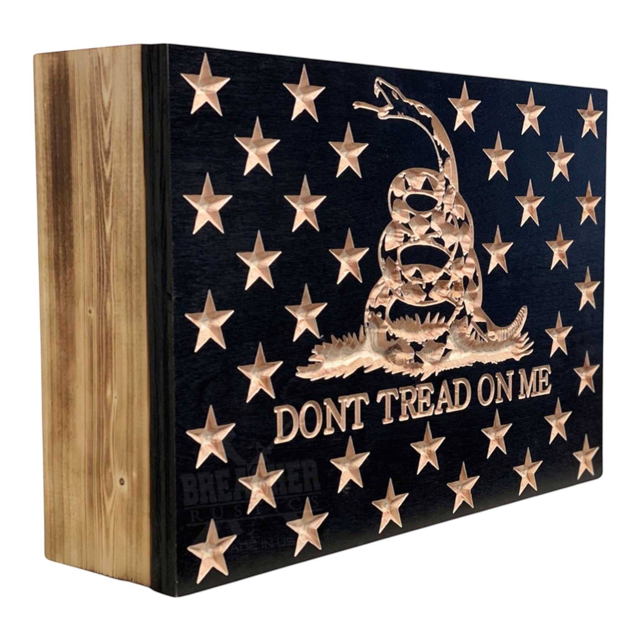 Breacher Rustics Don't Tread On Me concealment box with carved stars and snake logo. Features RFID lock and customizable foam. dont tread on me concealment box wooden RFID locking hidden storage box gadsden flag patriotic gun concealment usa made