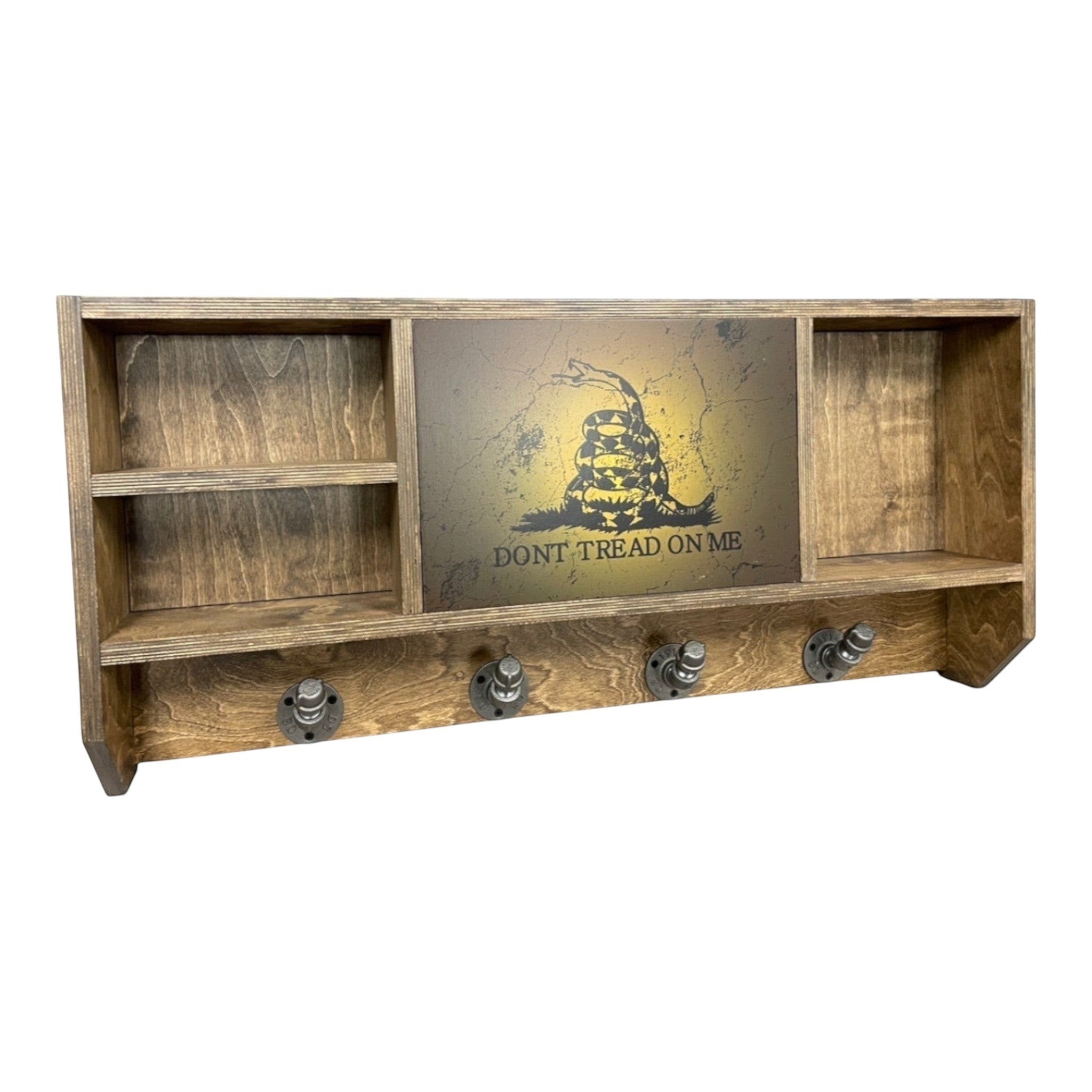 Breacher Rustics stained wood concealment shelf with "Don't Tread On Me" graphic and 4 hooks.