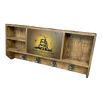 Breacher Rustics wooden concealment shelf with Don't Tread On Me snake graphic and 5 industrial-style hooks.