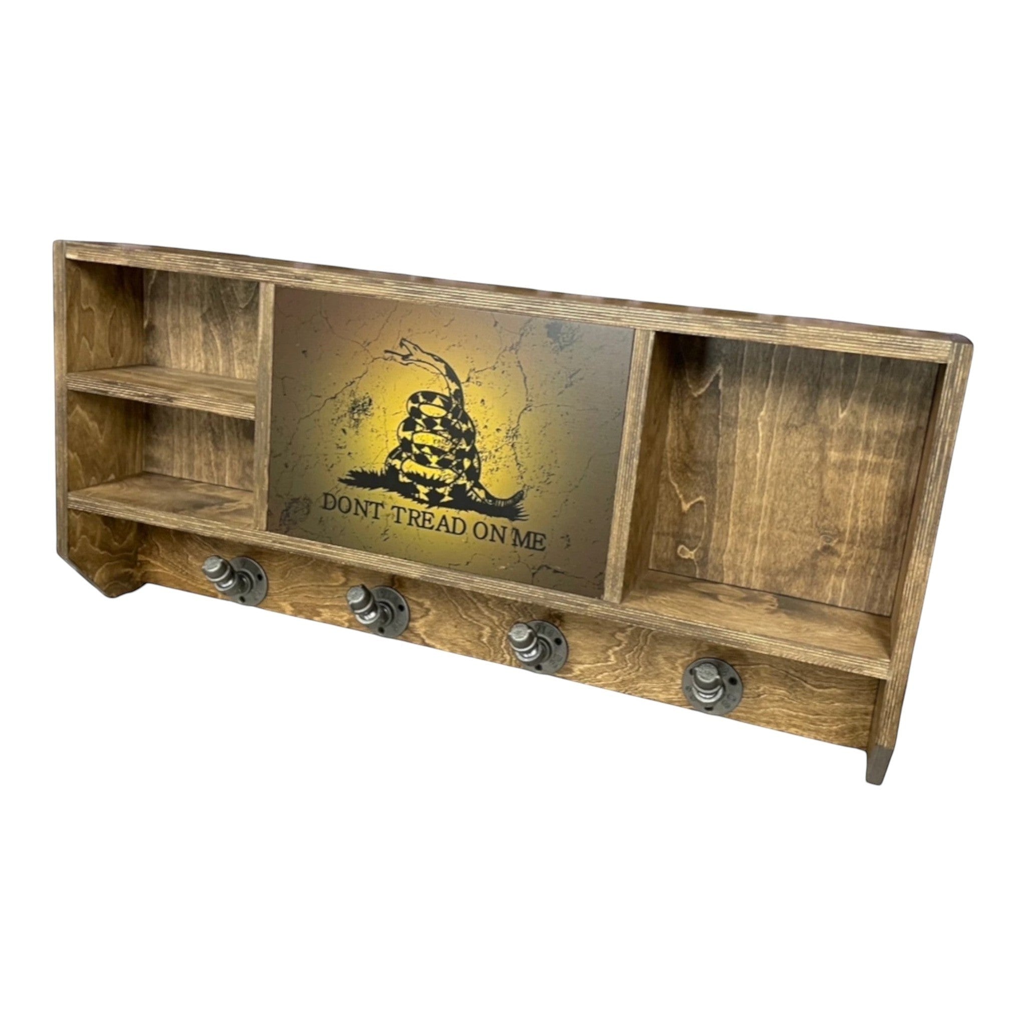 Breacher Rustics wooden concealment shelf with Don't Tread On Me snake graphic and 5 industrial-style hooks.