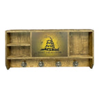 Breacher Rustics stained wood concealment shelf with "Don't Tread On Me" Gadsden flag design and four hooks.