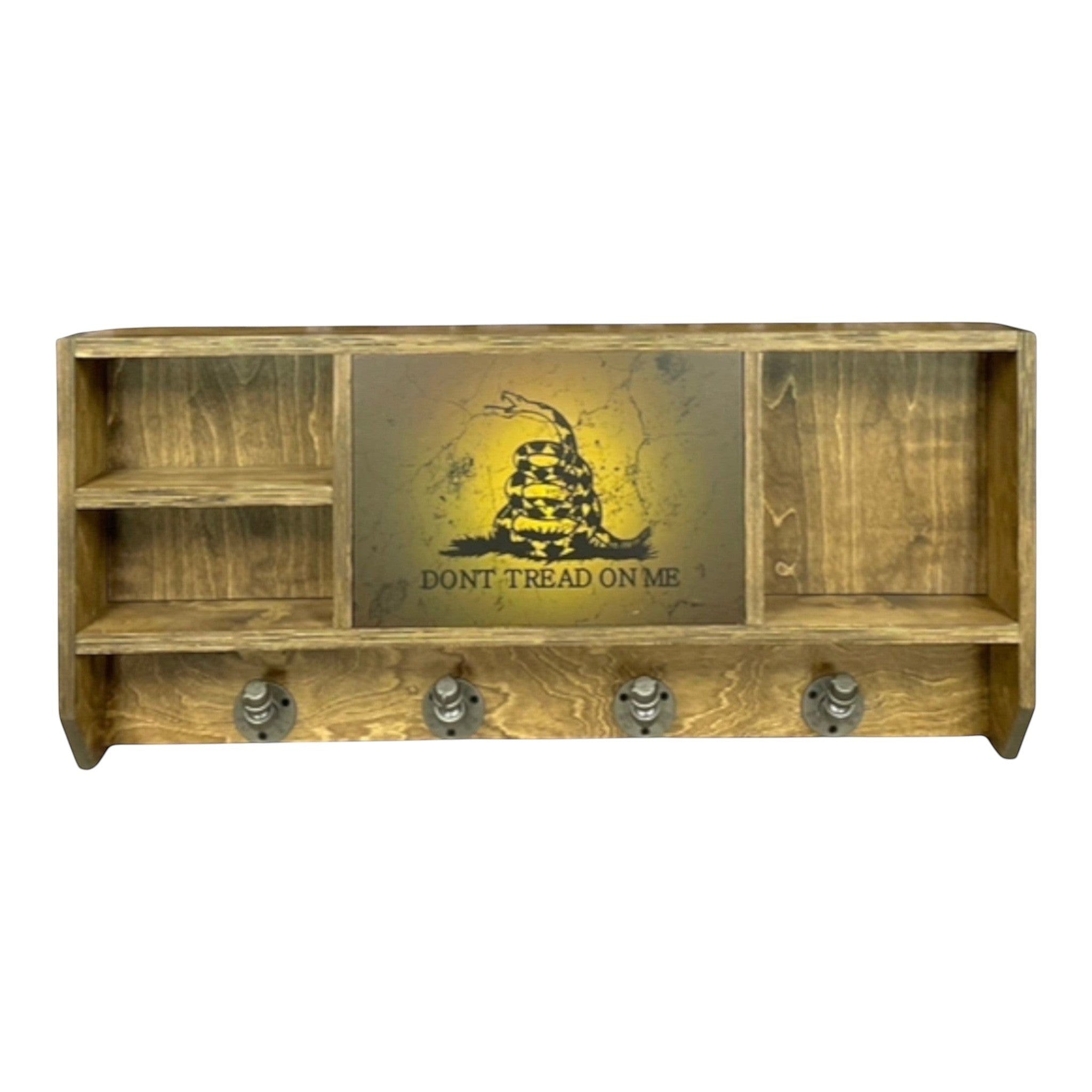 Breacher Rustics wooden concealment shelf with Don't Tread On Me snake graphic and four hooks. Walnut finish.
