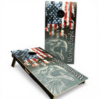 Breacher Rustics We The People eagle cornhole set featuring American flag design. Red, white, blue, and natural colors.