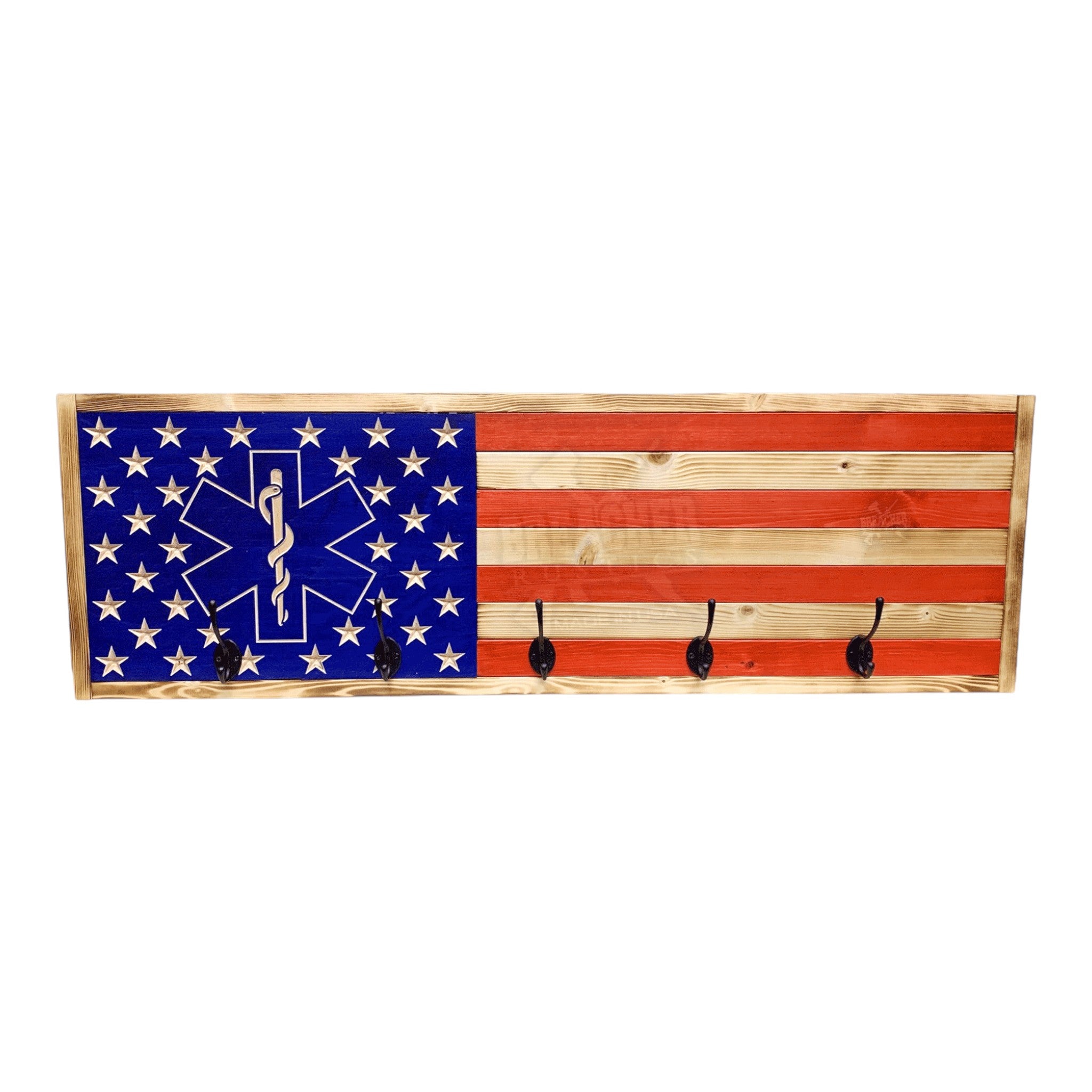 Breacher Rustics wooden American flag coat rack with EMS star of life emblem and 5 black hooks. ems flag coat rack wooden wall mounted hook rack emergency medical services patriotic first responder entryway organizer usa made