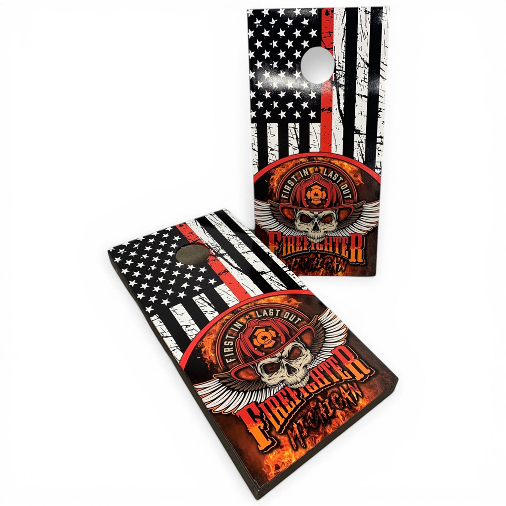 Breacher Rustics firefighter cornhole set featuring the thin red line American flag and a skull graphic. Made of Baltic Birch. firefighter thin red line cornhole set handmade wooden patriotic backyard bean bag toss game red line flag boards