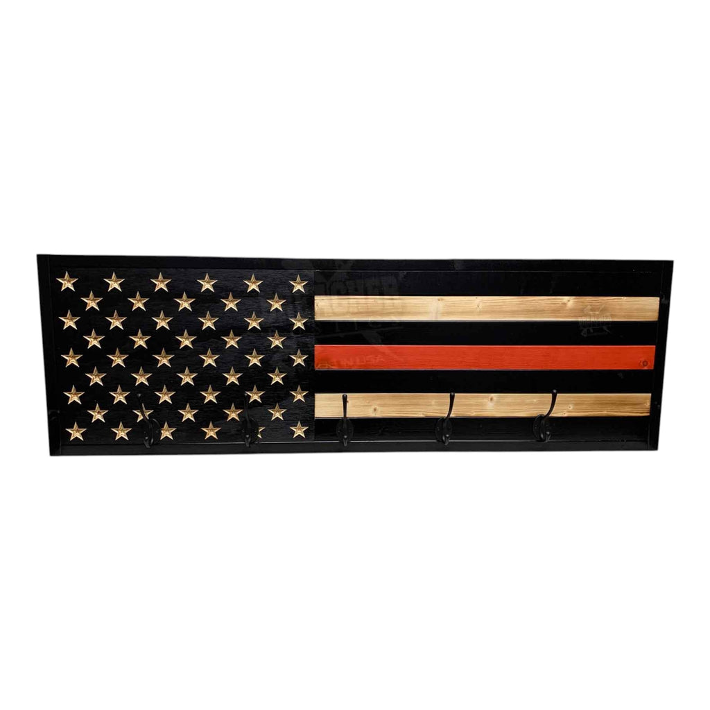 Breacher Rustics Thin Red Line Flag coat rack with 5 hooks, black, red, and natural wood finish. thin red line police coat rack wooden wall mounted hook rack firefighter tribute law enforcement entryway organizer usa made