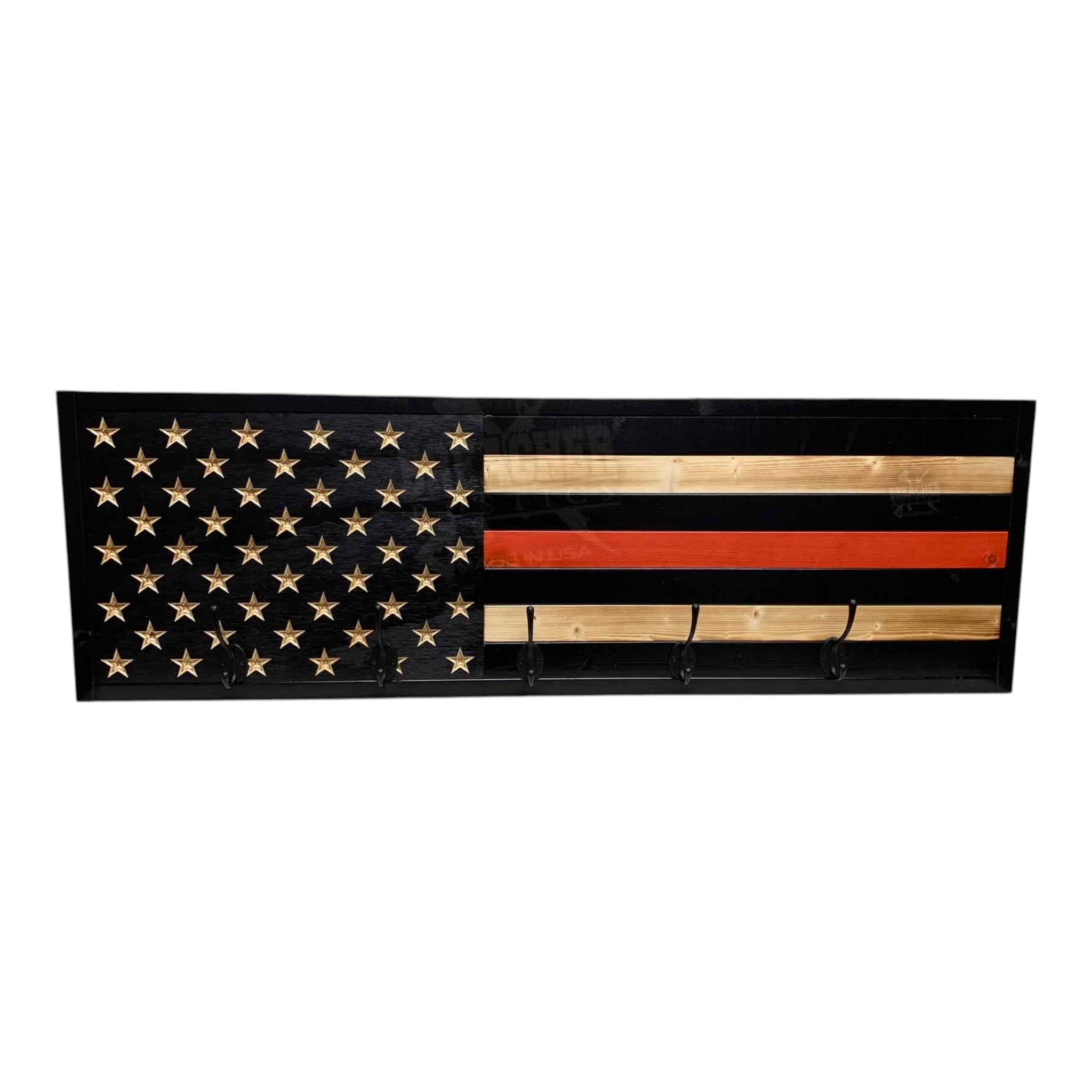 Breacher Rustics Thin Red Line Flag coat rack with 5 hooks, black, red, and natural wood finish. thin red line police coat rack wooden wall mounted hook rack firefighter tribute law enforcement entryway organizer usa made
