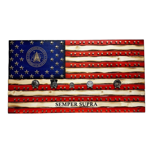 Breacher Rustics- Stand For Something ™ American flag coin display with 9mm casing holders and engraved Space Force logo.
