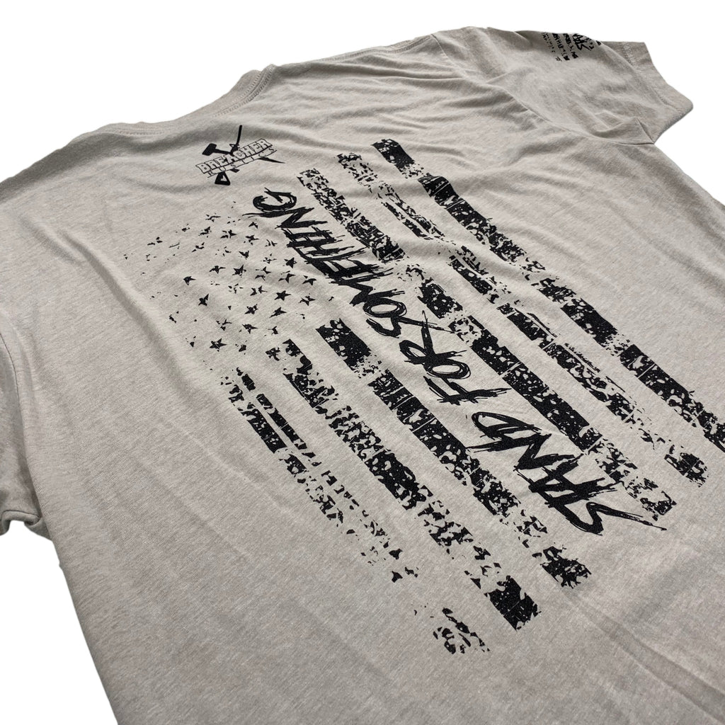 Breacher Rustics heather grey t-shirt with distressed American flag graphic and