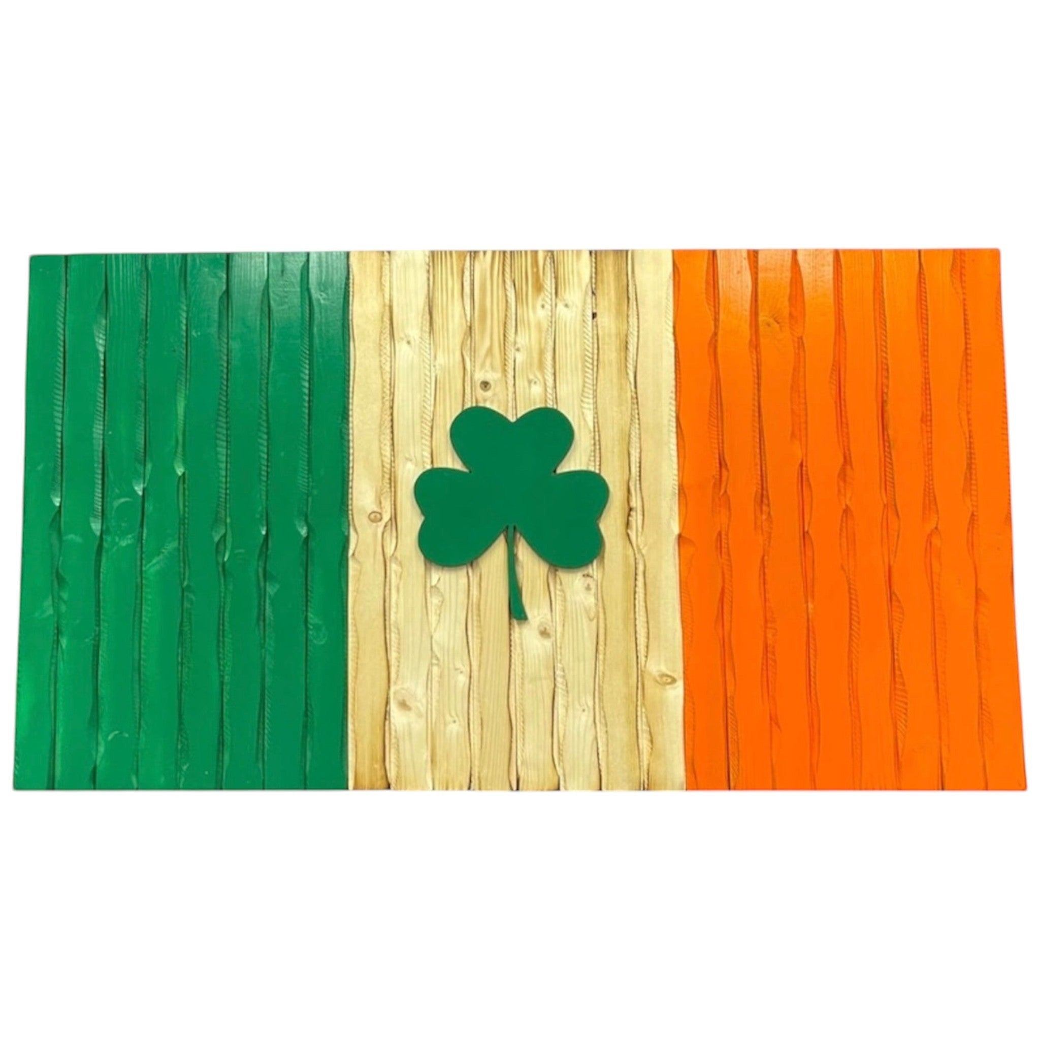 Breacher Rustics wooden Irish flag with a 3D green shamrock and a battle-worn finish.