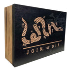 Breacher Rustics Join or Die concealment box with carved snake logo and RFID lock. Made in USA. join or die concealment box wooden RFID locking hidden storage box patriotic american history gun concealment display usa made
