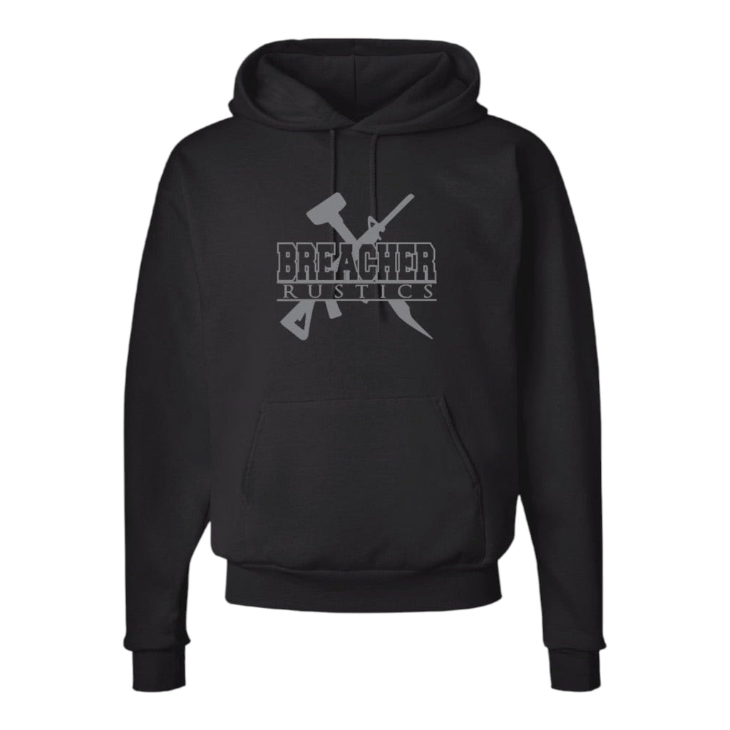 Breacher Rustics black cotton blend pullover hoodie with two-piece hood, muff pocket, and logo graphic. breacher rustics logo hoodie casual patriotic streetwear soft fleece hoodie durable everyday wear usa themed apparel