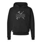 Breacher Rustics black cotton blend pullover hoodie with two-piece hood, muff pocket, and logo graphic. breacher rustics logo hoodie casual patriotic streetwear soft fleece hoodie durable everyday wear usa themed apparel
