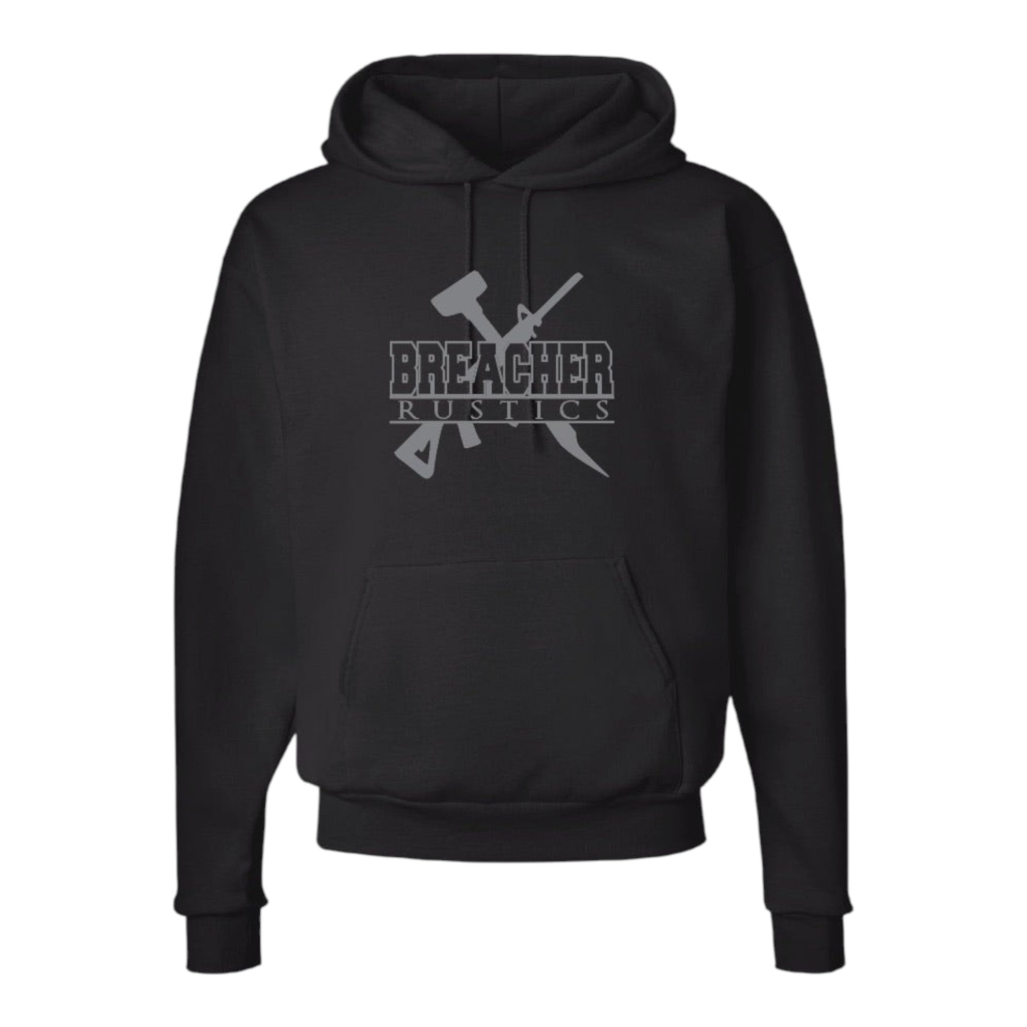Breacher Rustics black cotton blend pullover hoodie with two-piece hood, muff pocket, and logo graphic. breacher rustics logo hoodie casual patriotic streetwear soft fleece hoodie durable everyday wear usa themed apparel