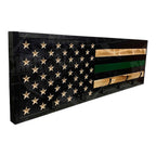 Breacher Rustics Thin Green Line Flag Coat Rack with 5 black hooks, carved stars, and wood stripes. thin green line conservation officer coat rack wooden wall hooks wildlife officer tribute patriotic entryway storage rack military border patrol
