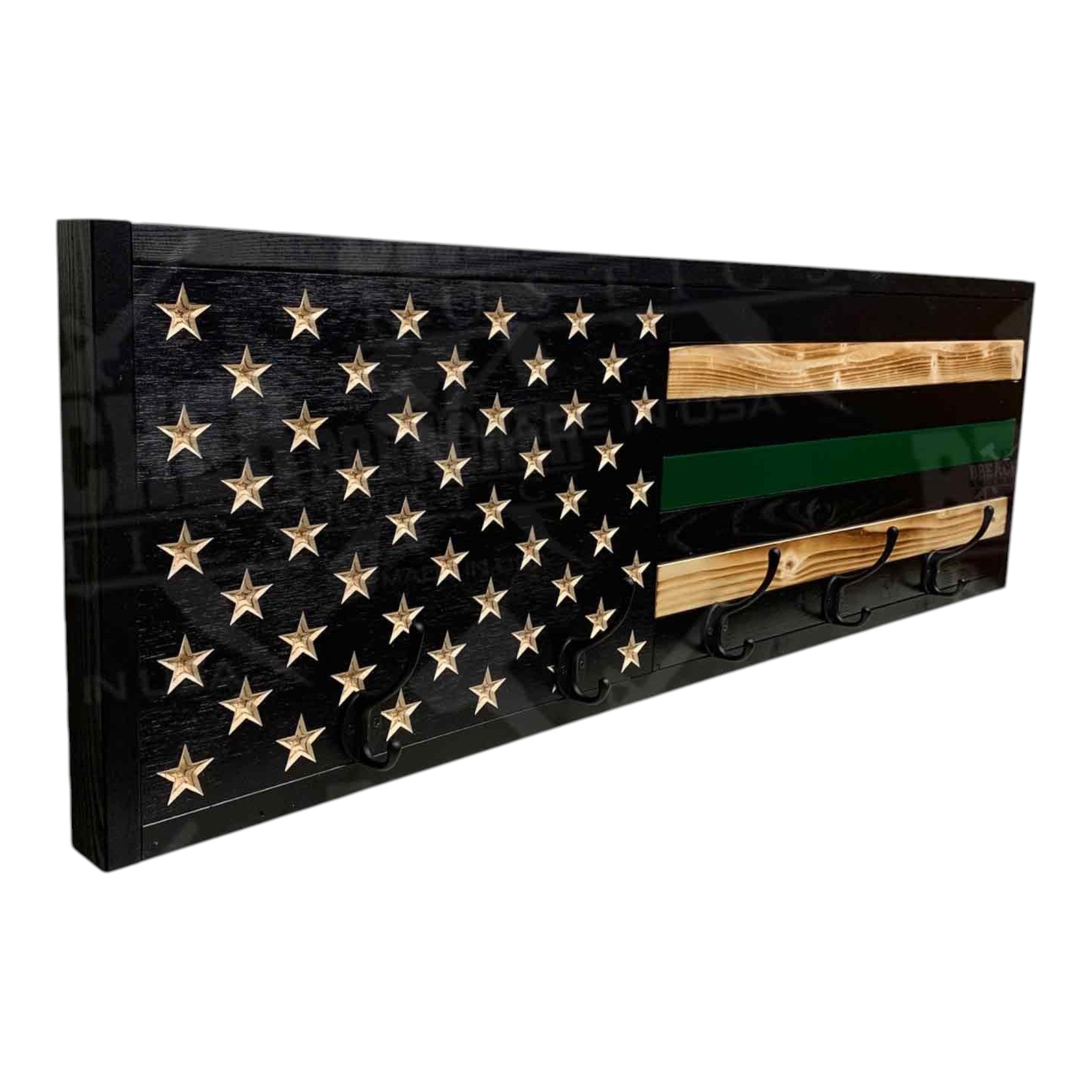 Breacher Rustics Thin Green Line Flag Coat Rack with 5 black hooks, carved stars, and wood stripes. thin green line conservation officer coat rack wooden wall hooks wildlife officer tribute patriotic entryway storage rack military border patrol