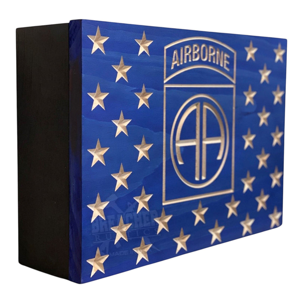 Breacher Rustics  wooden concealment box with engraved stars and custom logo. airborne concealment box custom logo wooden RFID locking hidden storage box military patriotic gun concealment usa made