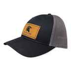 Breacher Rustics Molon Labe patch hat, black cotton front with grey mesh back, leather patch with Spartan helmet.