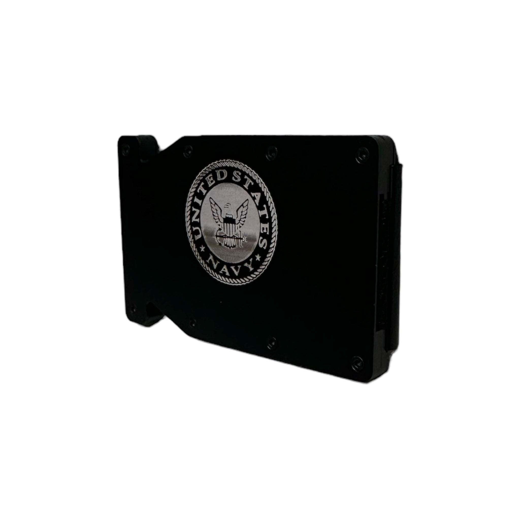 Breacher Rustics black metal RFID blocking wallet with United States Navy emblem. Holds 12-15 cards.