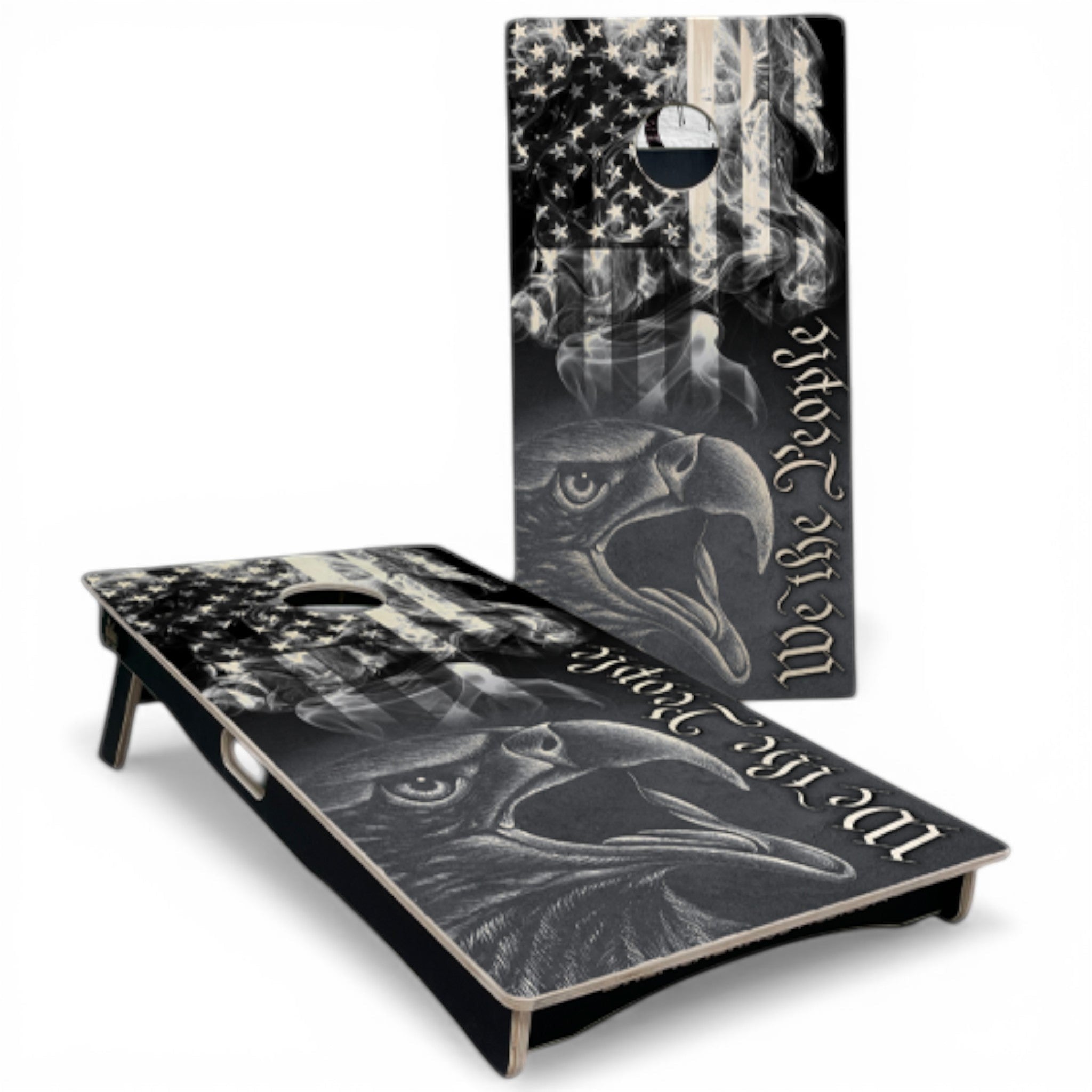 Breacher Rustics patriotic cornhole set with eagle, American flag, and "We the People" text. Natural colors. we the people cornhole set natural colors handmade wooden patriotic backyard bean bag toss game usa flag boards