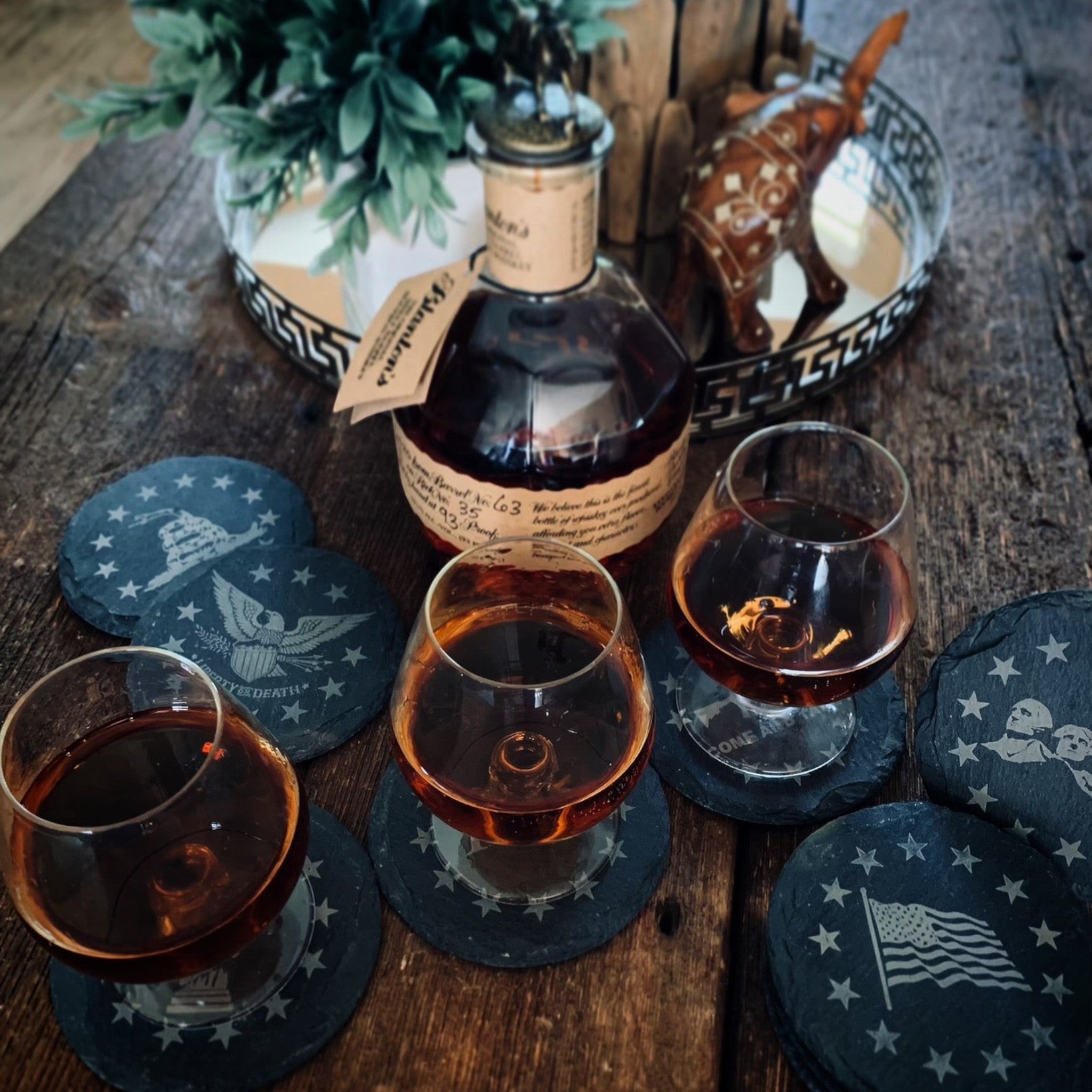 Breacher Rustics Patriot Pack round slate coasters with patriotic symbols like the USA flag and eagle. Set of 8.