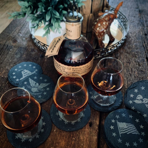 Breacher Rustics Patriot Pack round slate coasters with patriotic symbols like the USA flag and eagle. Set of 8.