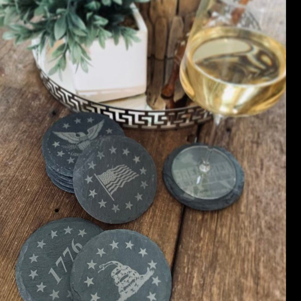Breacher Rustics patriotic slate coasters featuring USA flag, eagle, 1776, and Don't Tread On Me designs.