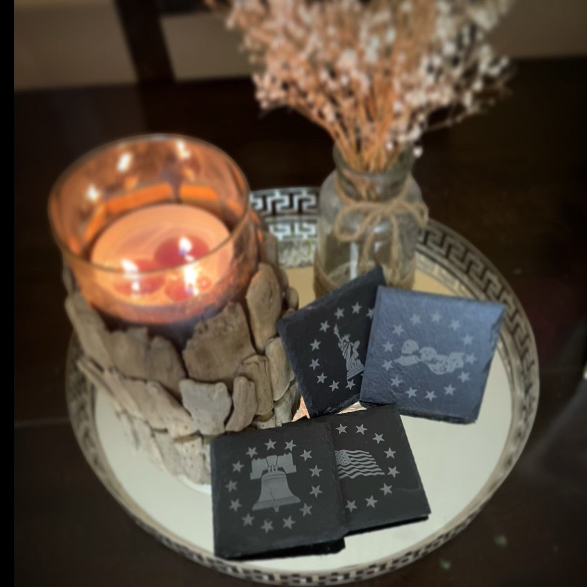 Breacher Rustics Patriot Pack B square slate coasters featuring USA flag, Statue of Liberty, Liberty Bell, and Mt. Rushmore designs. patriot pack square slate coasters set of 8 patriotic engraved american flag themed drink coasters rustic home decor usa made