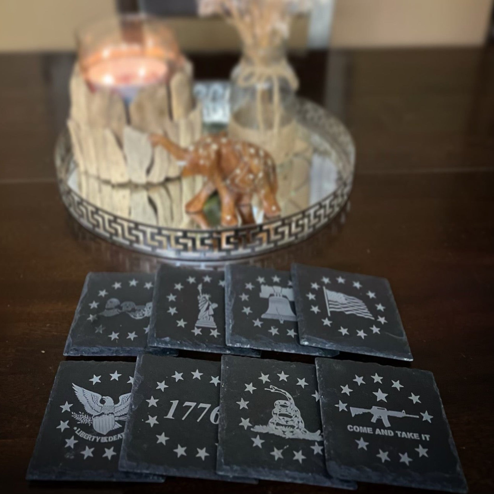 Breacher Rustics Patriot Pack 8 square charcoal gray slate coasters with patriotic symbols like the USA flag, Statue of Liberty, and Betsy Ross. patriot pack square slate coasters set of 8 patriotic engraved american flag themed drink coasters rustic home decor usa made