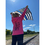 Breacher Rustics pink cotton blend pullover hoodie with a two-piece hood and front muff pocket, featuring a distressed flag graphic. womens pink patriotic breacher hoodie soft fleece casual streetwear style usa made tactical lifestyle apparel