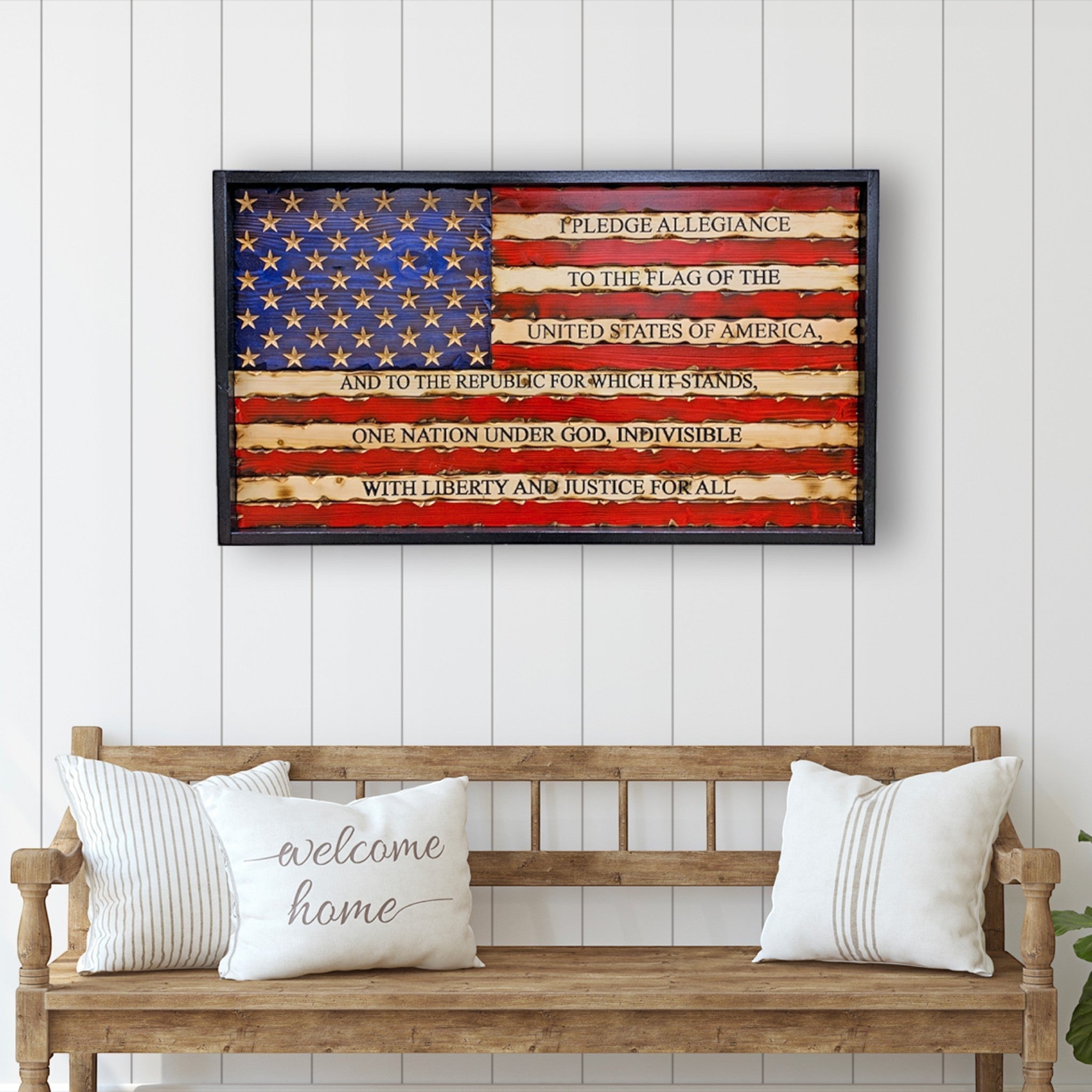 Breacher Rustics black framed carved wood American flag with Pledge of Allegiance text and battle-worn finish. battle worn pledge of allegiance carved wood flag handmade american flag wall art patriotic rustic decor usa made