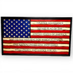 Breacher Rustics carved wood American flag with Pledge of Allegiance text and battle-worn finish.