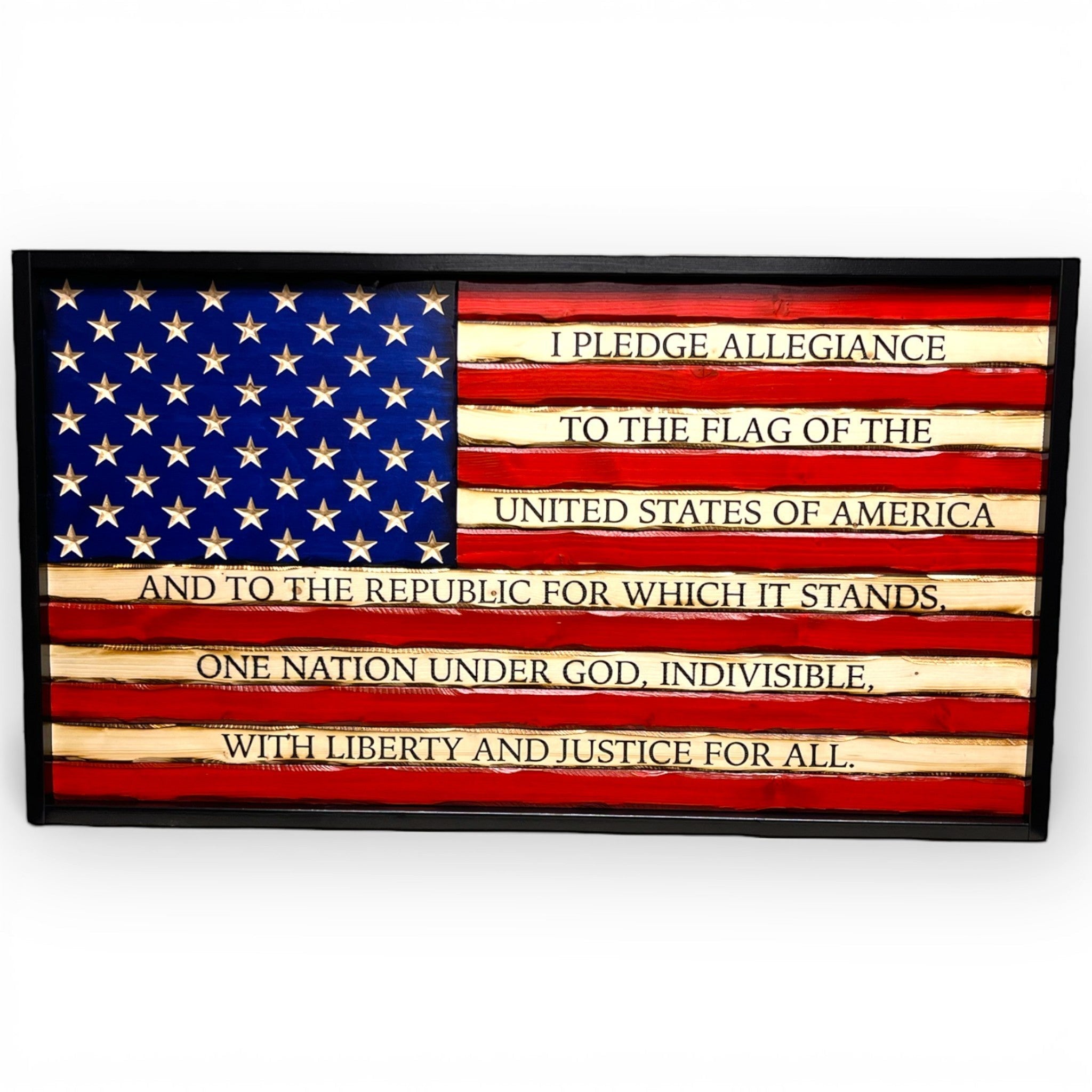 Breacher Rustics carved wood American flag with Pledge of Allegiance text and battle-worn finish.